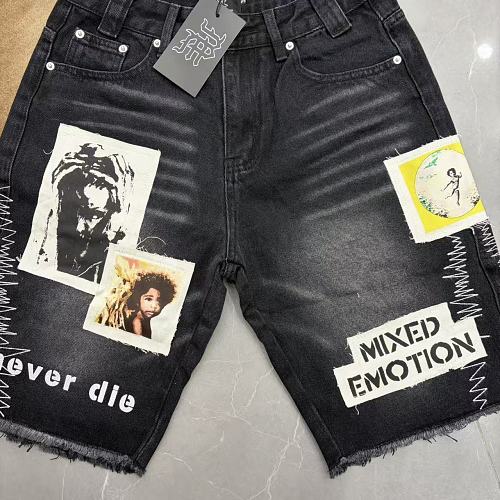 MIXED EMOTION Photo‑Patch Raw‑Hem Denim Shorts