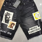 MIXED EMOTION Photo‑Patch Raw‑Hem Denim Shorts