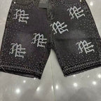 MIXED EMOTION Rhinestone Logo Denim Shorts