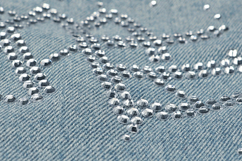 MIXED EMOTION Rhinestone Logo Vintage‑Wash Denim Jorts