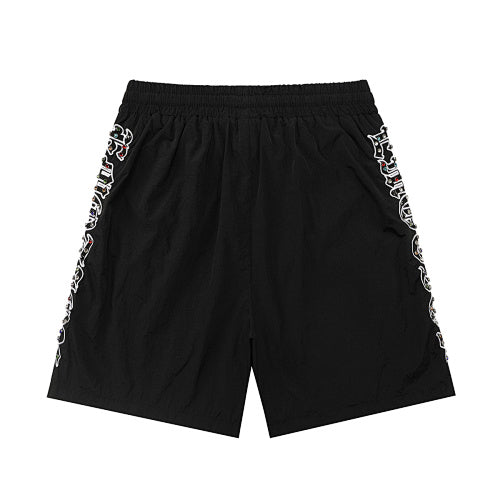 MIXED EMOTION Side‑Striped Rhinestone Logo Nylon Shorts