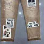 MIXED EMOTION Patch‑Work Distressed Straight‑Leg Jeans