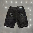 MIXED EMOTION Rhinestone Logo Denim Shorts