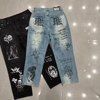MIXED EMOTION Graffiti‑Print Straight‑Leg Jeans