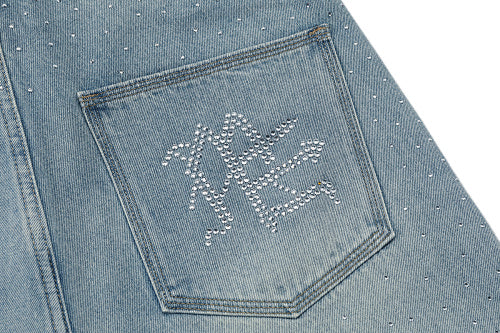 MIXED EMOTION Rhinestone Logo Vintage‑Wash Denim Jorts