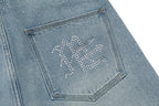 MIXED EMOTION Rhinestone Logo Vintage‑Wash Denim Jorts
