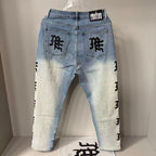MIXED EMOTION Vertical Logo Faded Straight‑Leg Jeans