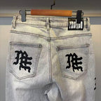MIXED EMOTION Vertical Gothic‑Logo Washed‑Out Wide‑Leg Jeans