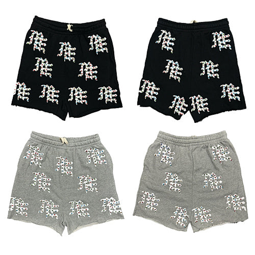 MIXED EMOTION All‑Over Rhinestone Logo French Terry Shorts