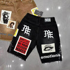 MIXED EMOTION Photo‑Patch Raw‑Hem Denim Shorts