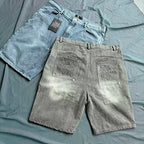 MIXED EMOTION Vintage Washed Paisley‑Stitch Denim Jorts