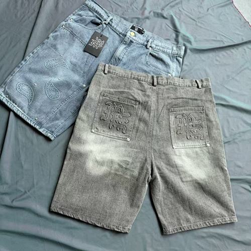 MIXED EMOTION Vintage Washed Paisley‑Stitch Denim Jorts