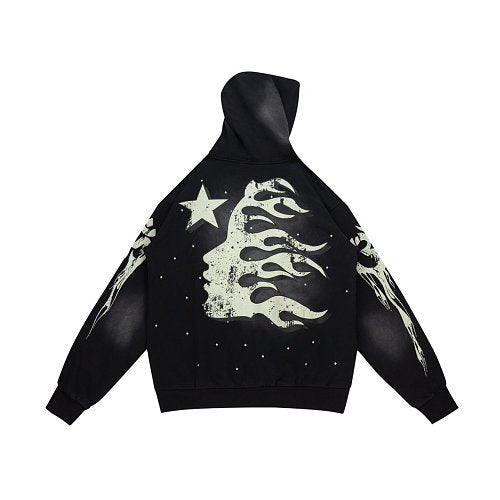 Hellstar Star‑Flame Starry Print Black Hoodie