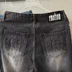 MIXED EMOTION Distressed Rivet‑Accent Straight‑Leg Jeans