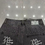 MIXED EMOTION Rhinestone Logo Denim Shorts