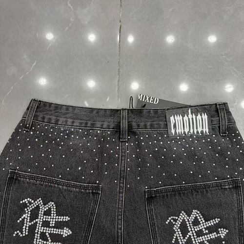 MIXED EMOTION Rhinestone Logo Denim Shorts