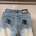 MIXED EMOTION Vertical Logo Faded Straight‑Leg Jeans
