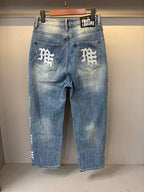 MIXED EMOTION Vertical Gothic‑Logo Cloud‑Wash Wide‑Leg Jeans