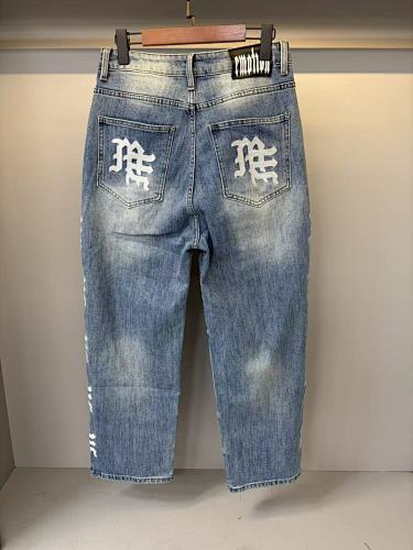 MIXED EMOTION Vertical Gothic‑Logo Cloud‑Wash Wide‑Leg Jeans