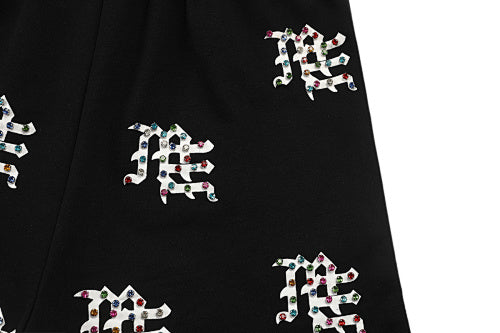 MIXED EMOTION All‑Over Rhinestone Logo French Terry Shorts