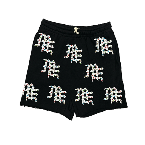 MIXED EMOTION All‑Over Rhinestone Logo French Terry Shorts