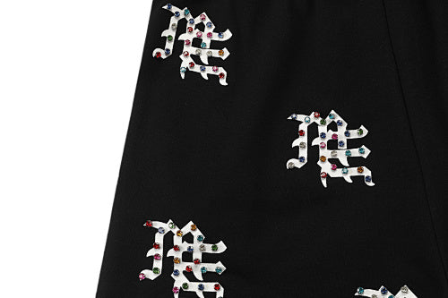 MIXED EMOTION All‑Over Rhinestone Logo French Terry Shorts