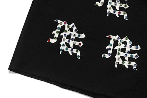 MIXED EMOTION All‑Over Rhinestone Logo French Terry Shorts
