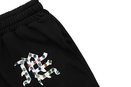 MIXED EMOTION All‑Over Rhinestone Logo French Terry Shorts