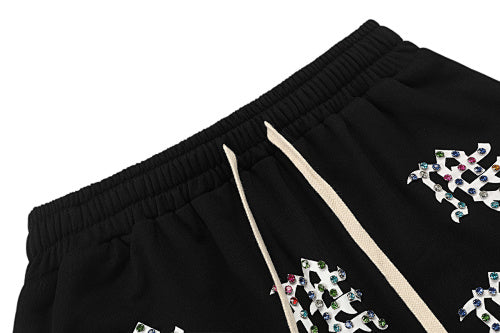 MIXED EMOTION All‑Over Rhinestone Logo French Terry Shorts
