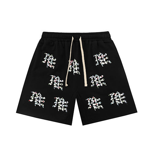 MIXED EMOTION All‑Over Rhinestone Logo French Terry Shorts