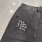 MIXED EMOTION Rhinestone Logo Denim Shorts