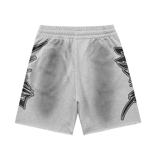 MIXED EMOTION Gothic Side‑Print Frayed Sweat Shorts