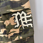 MIXED EMOTION Camo Gothic‑Logo Wide‑Leg Cargo Pants