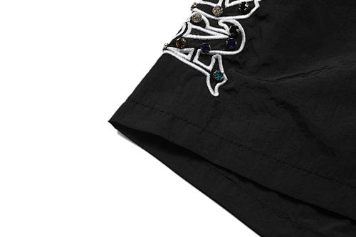 MIXED EMOTION Side‑Striped Rhinestone Logo Nylon Shorts