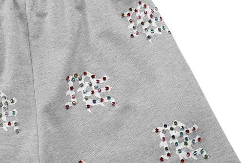 MIXED EMOTION All‑Over Rhinestone Logo French Terry Shorts