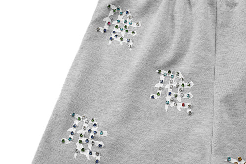 MIXED EMOTION All‑Over Rhinestone Logo French Terry Shorts