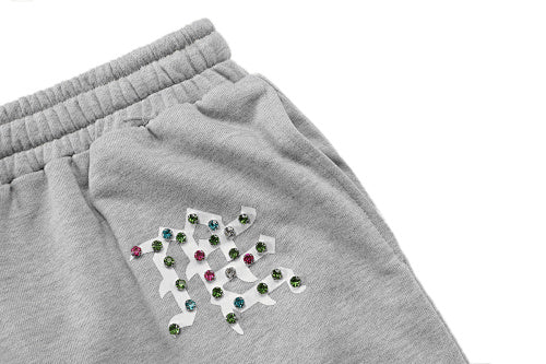 MIXED EMOTION All‑Over Rhinestone Logo French Terry Shorts