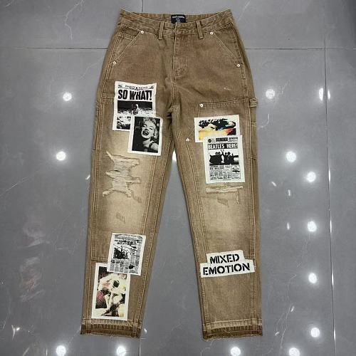 MIXED EMOTION Patch‑Work Distressed Straight‑Leg Jeans