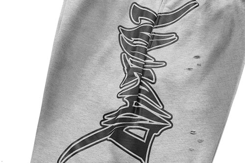 MIXED EMOTION Gothic Side‑Print Frayed Sweat Shorts