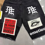MIXED EMOTION Photo‑Patch Raw‑Hem Denim Shorts