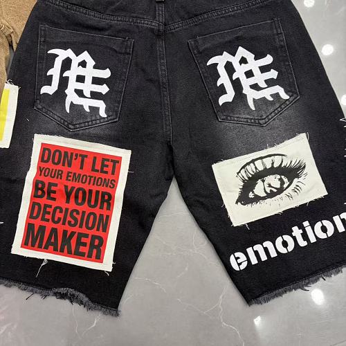 MIXED EMOTION Photo‑Patch Raw‑Hem Denim Shorts