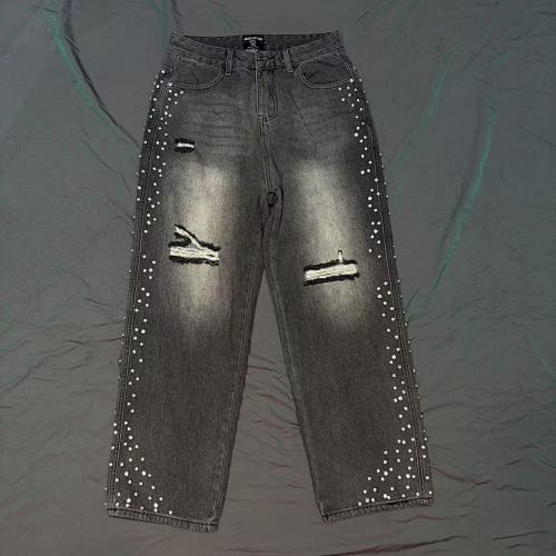 MIXED EMOTION Distressed Rivet‑Accent Straight‑Leg Jeans
