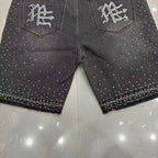 MIXED EMOTION Rhinestone Logo Denim Shorts