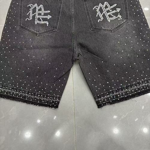 MIXED EMOTION Rhinestone Logo Denim Shorts