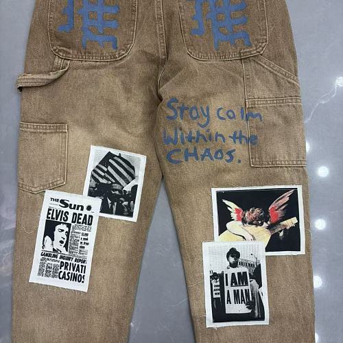 MIXED EMOTION Patch‑Work Distressed Straight‑Leg Jeans
