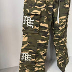 MIXED EMOTION Camo Gothic‑Logo Wide‑Leg Cargo Pants
