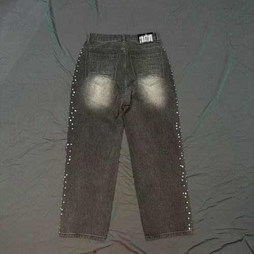 MIXED EMOTION Distressed Rivet‑Accent Straight‑Leg Jeans
