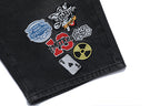 MIXED EMOTION Multi‑Patch Gothic Logo Black Denim Jorts