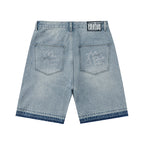 MIXED EMOTION Rhinestone Logo Vintage‑Wash Denim Jorts