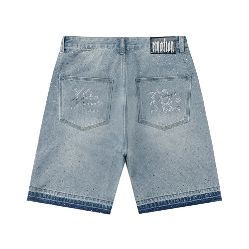 MIXED EMOTION Rhinestone Logo Vintage‑Wash Denim Jorts Main Image